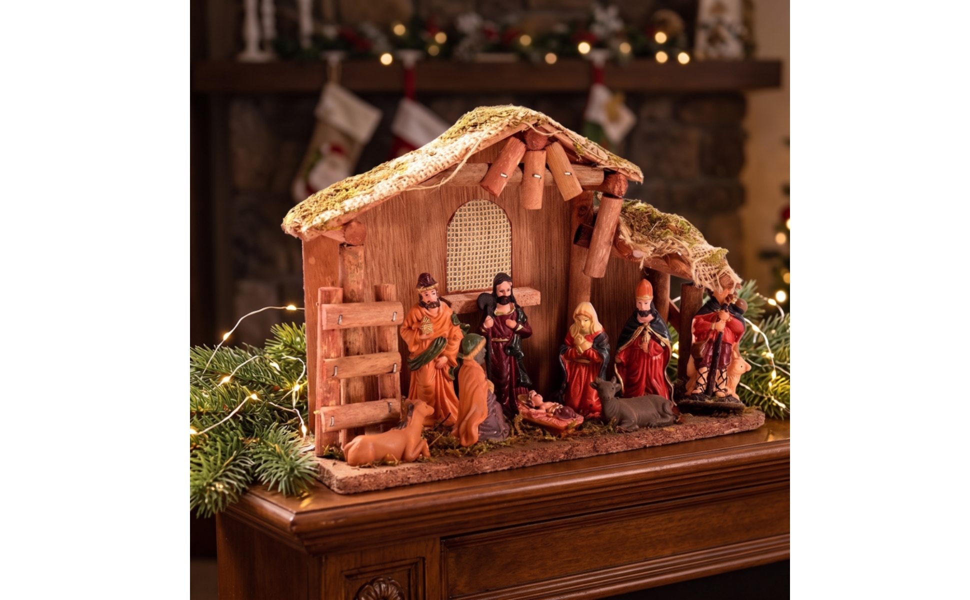 Nativity Set with Stable Rustic Christmas Creche Wood-Grain for Mantel