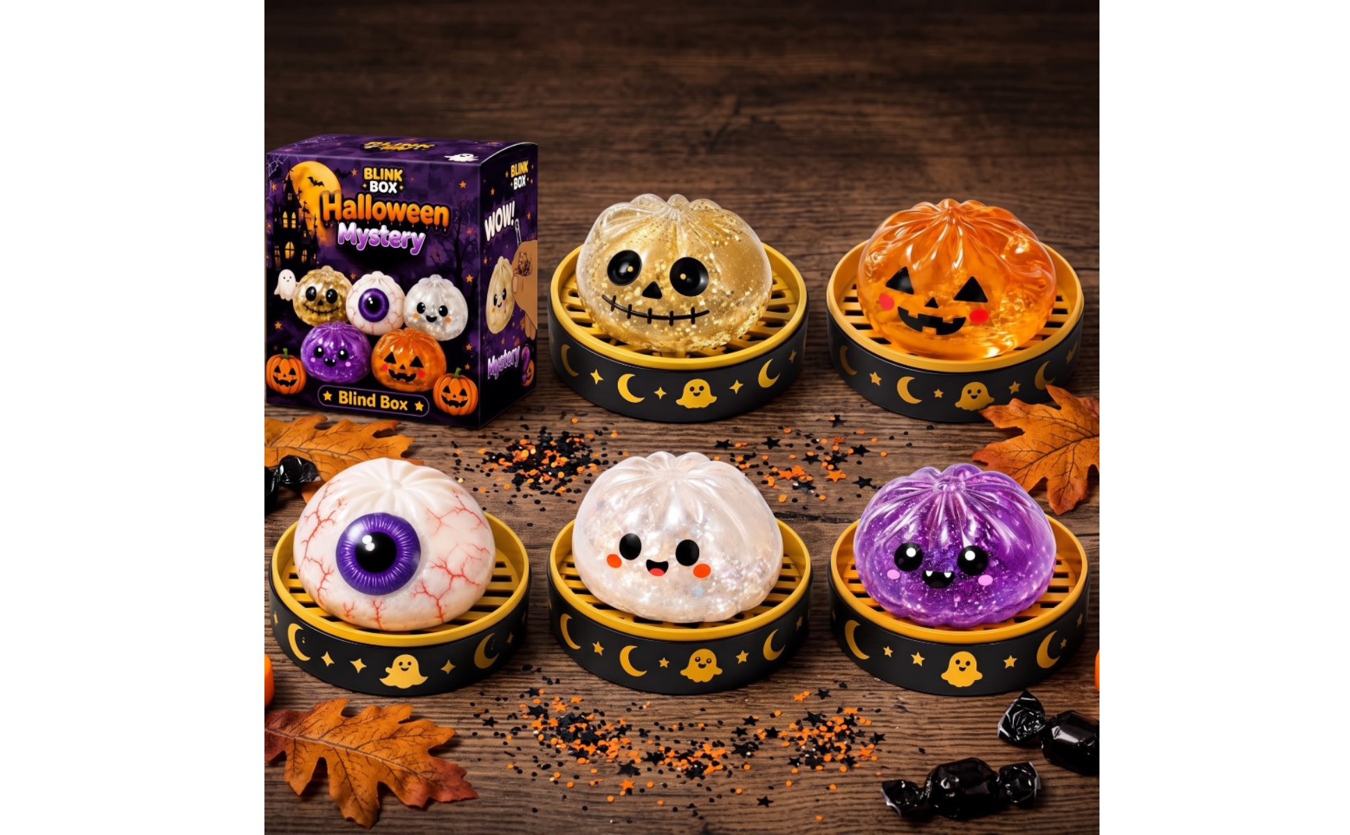 5 Pieces Ghost Dumpling Squishy Spooky-Cute with Tray Halloween