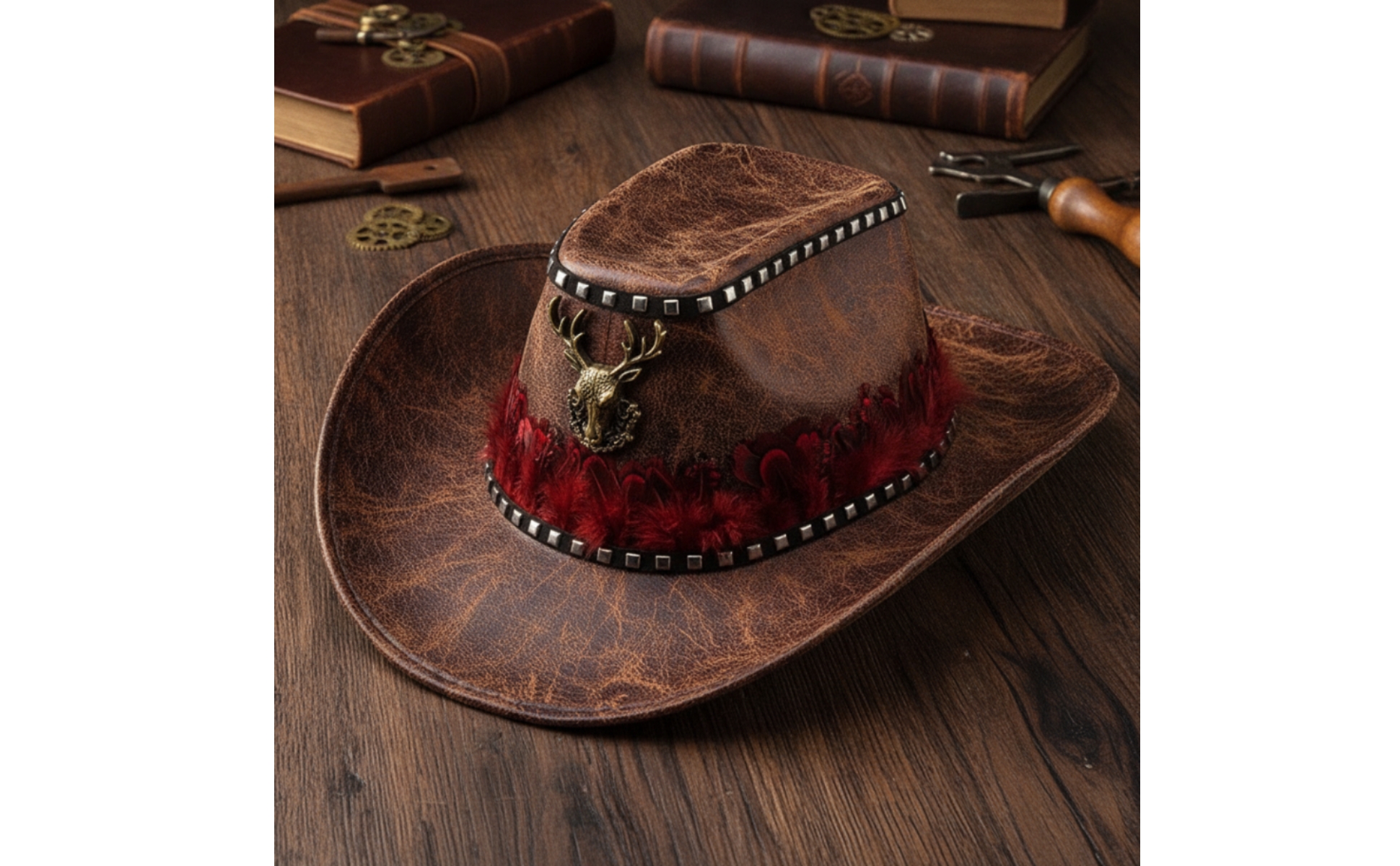 Cappello da Cowboy con Penna Vintage Cappello Western in Ecopelle Ribelle