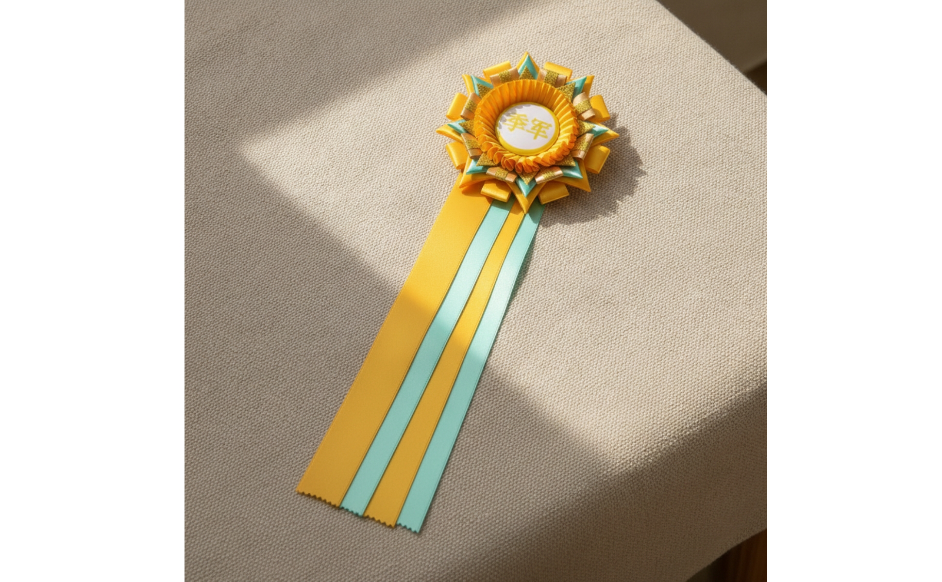 Ribbon Award Badge Golden Rim Rosette Badge with Ribbon Tails Layered