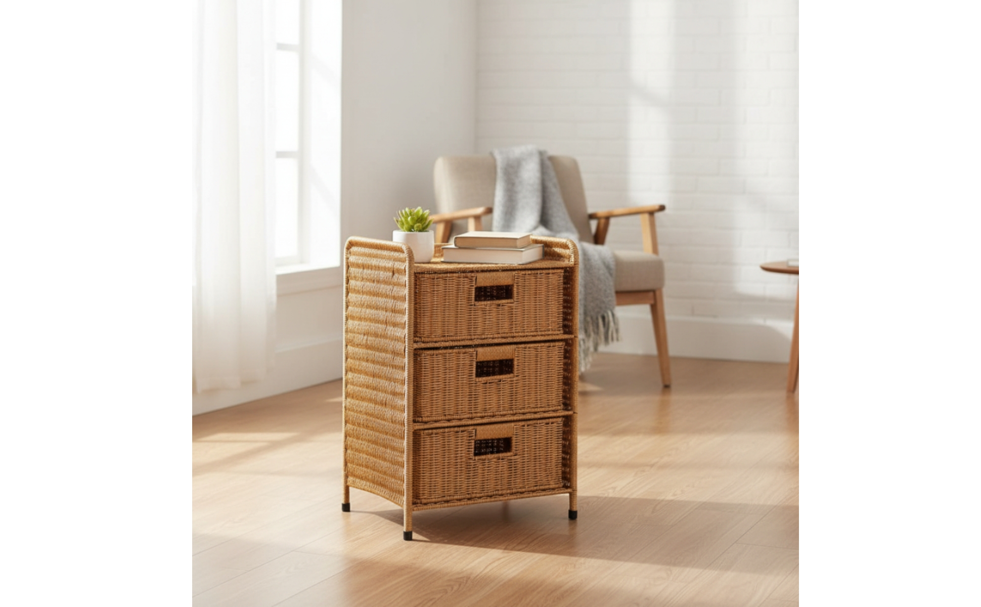 Bedside Table with Drawers Rattan-Style Bedside Table Woven for Living Room