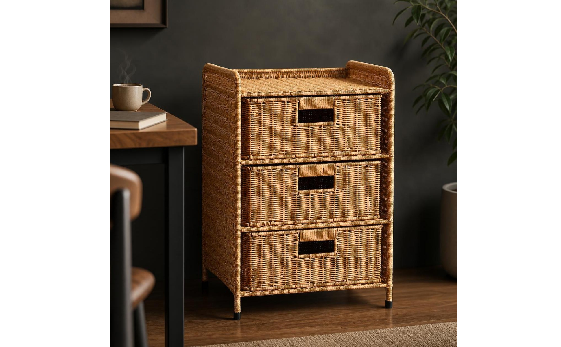 Bedside Table with Drawers Rattan-Style Bedside Table Woven for Living Room