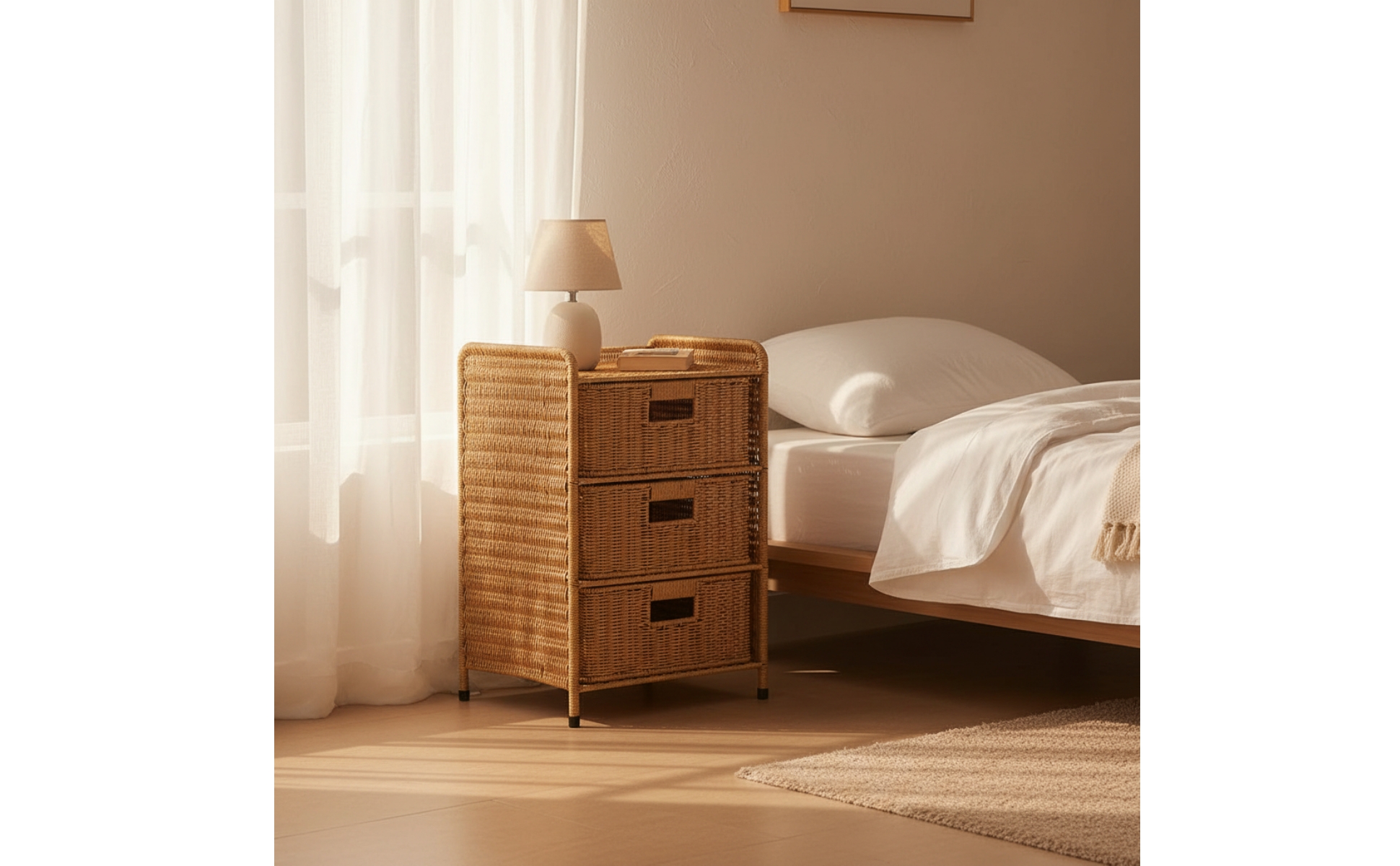 Bedside Table with Drawers Rattan-Style Bedside Table Woven for Living Room