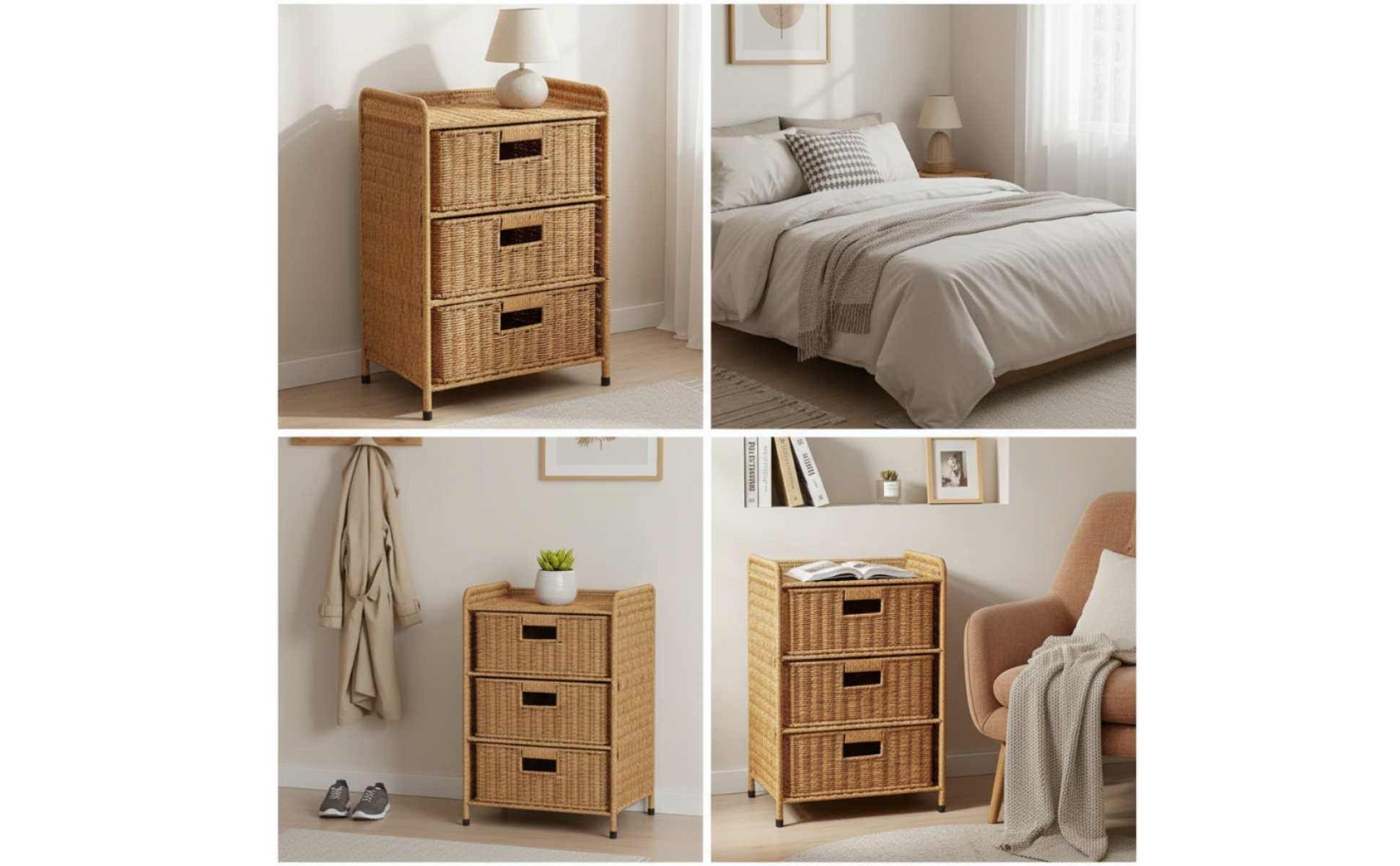 Bedside Table with Drawers Rattan-Style Bedside Table Woven for Living Room