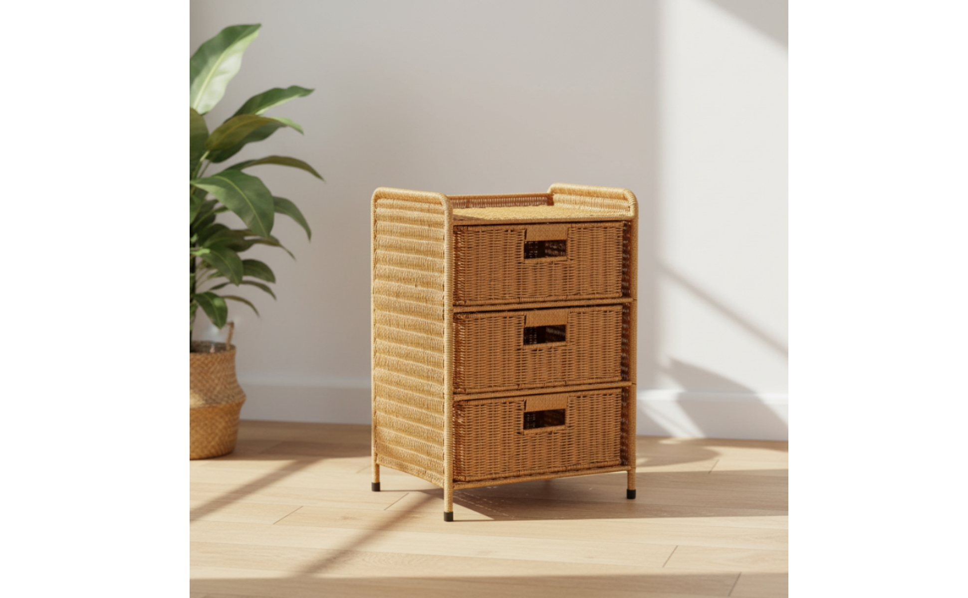 Bedside Table with Drawers Rattan-Style Bedside Table Woven for Living Room