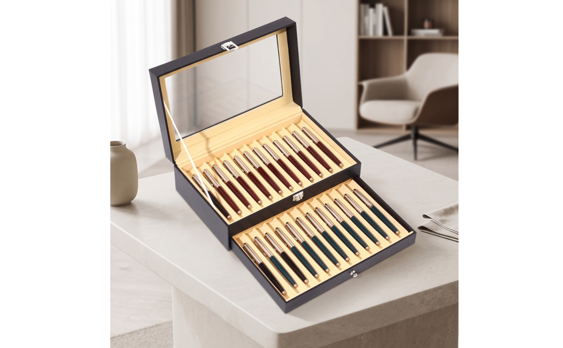 Organisateur de Stylos avec Vitrine Double Couche pour Bureau, Collectionneurs