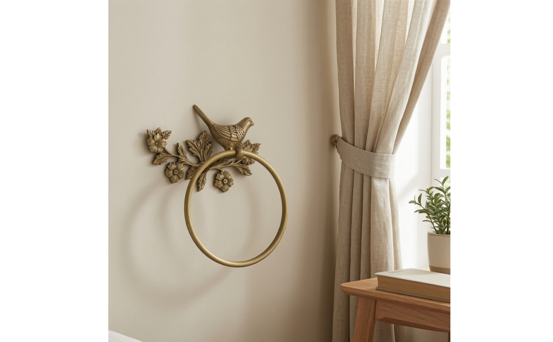 Towel Holder with Bird and Floral Motif Brass-Toned for Bathroom, Guest Washroom