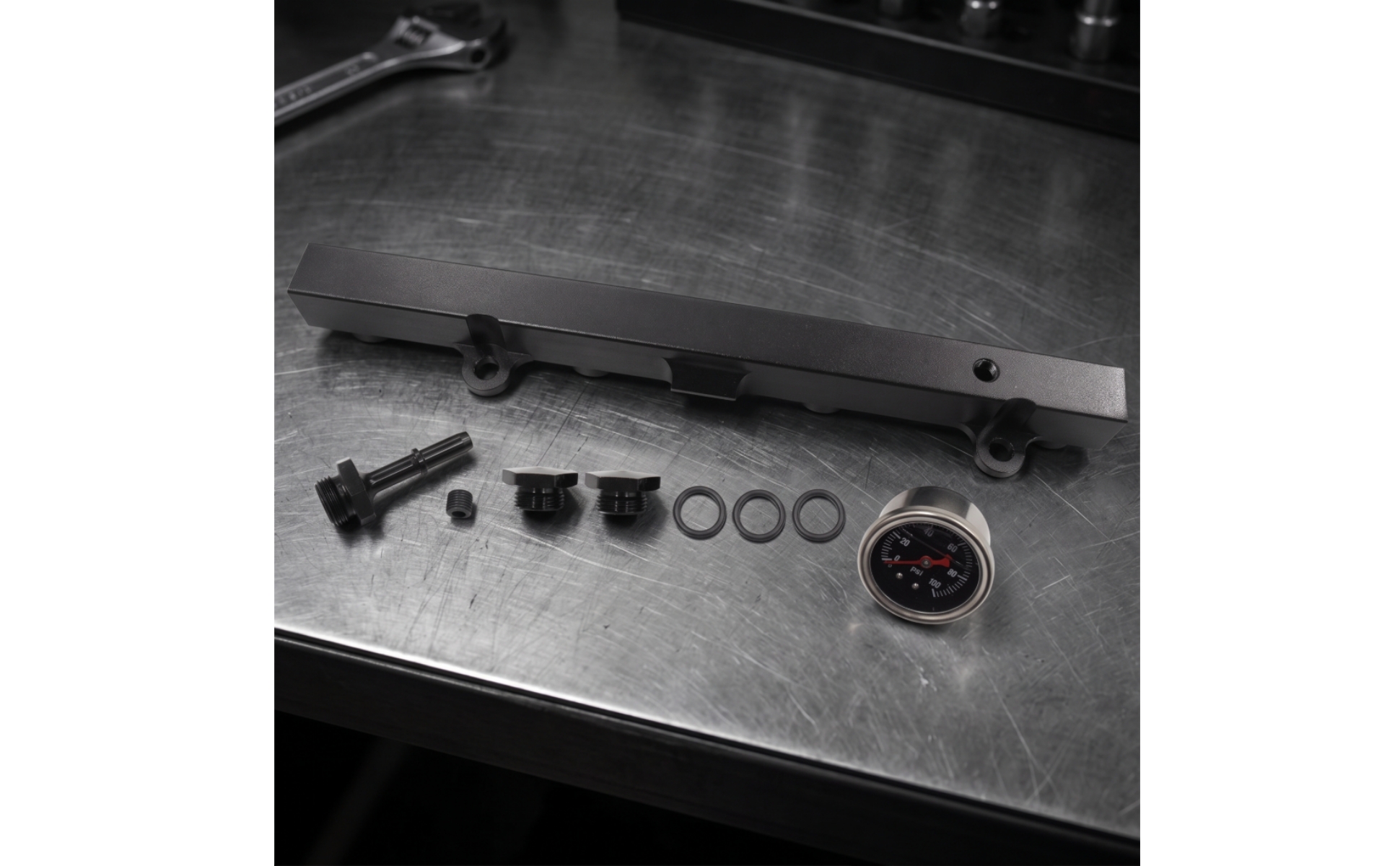 Fuel Rail with Gauge and Fittings Black Fuel Rail with Fittings Aluminum