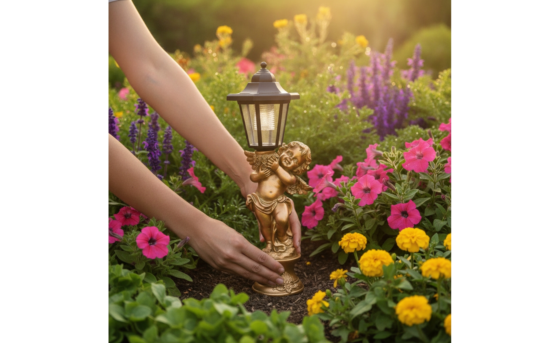 Cherub Statue with Lantern Resin Angel Statue with Lantern Weather-Resistant