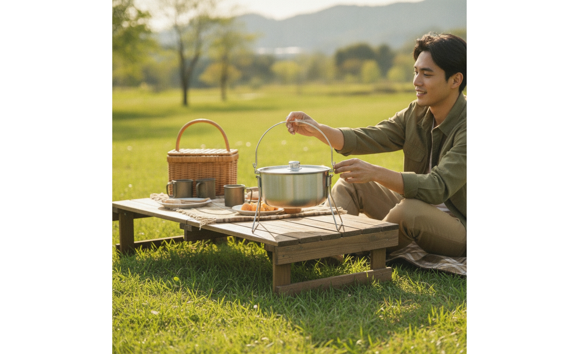 Pot with Tripod Frame Stainless Steel Camping Pot with Lid Brushed for Bushcraft