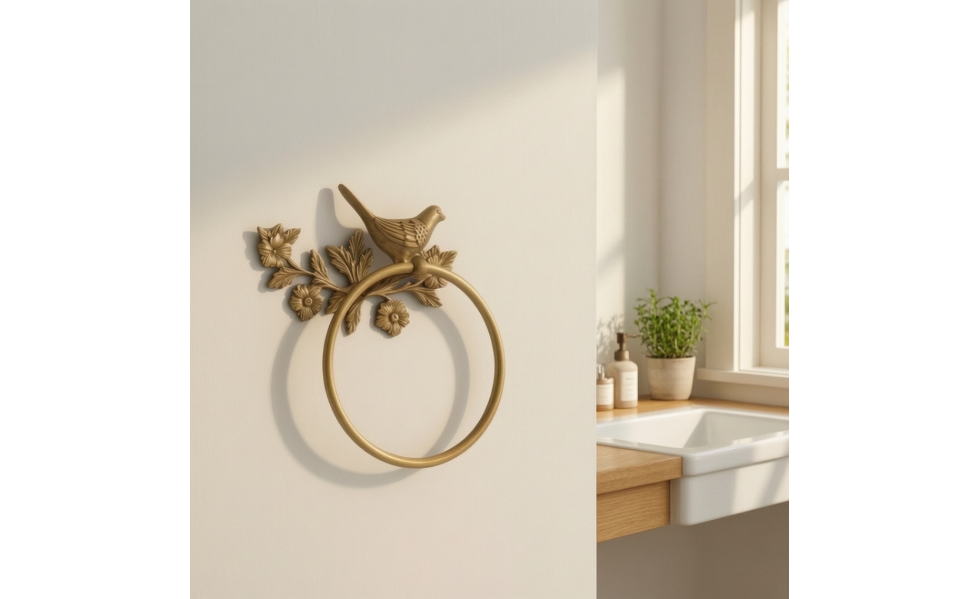 Towel Holder with Bird and Floral Motif Brass-Toned for Bathroom, Guest Washroom