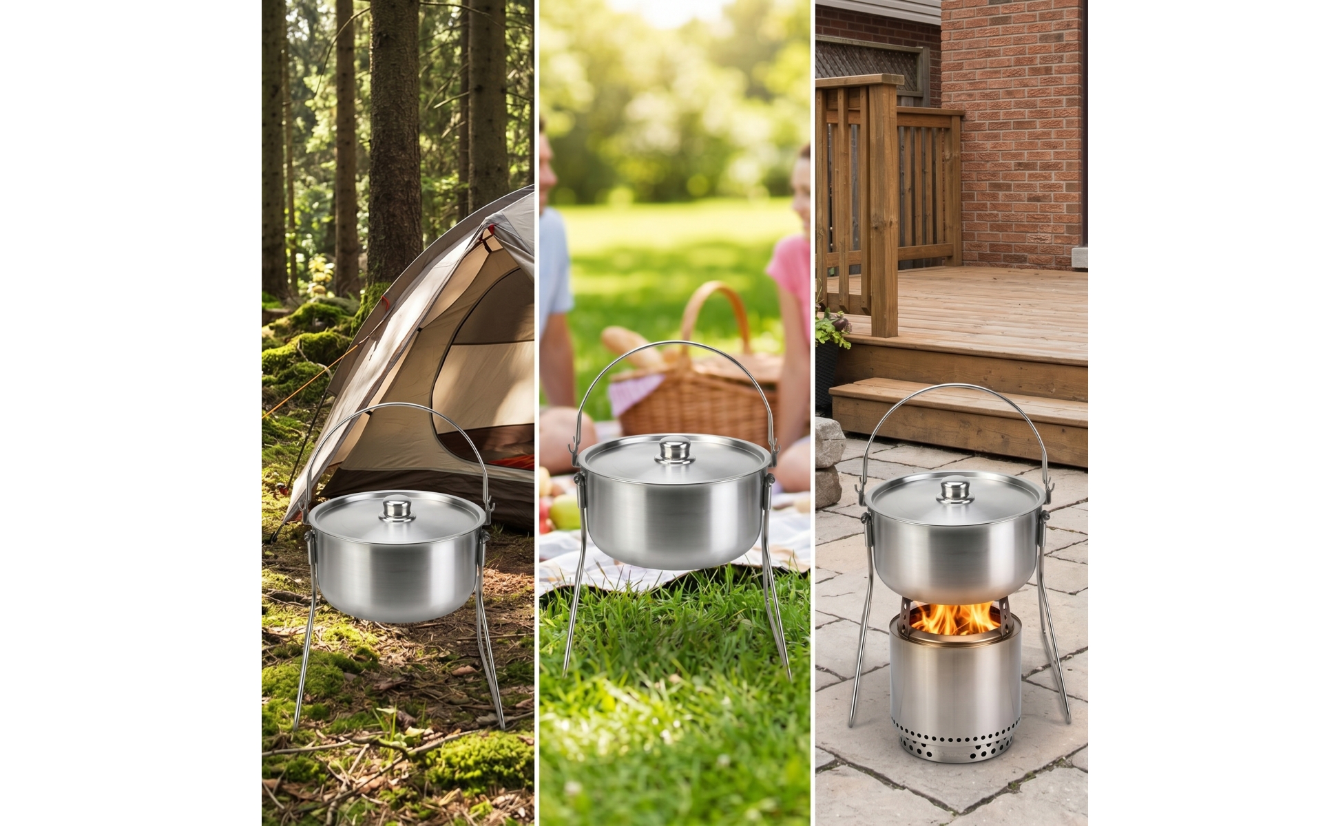 Pot with Tripod Frame Stainless Steel Camping Pot with Lid Brushed for Bushcraft