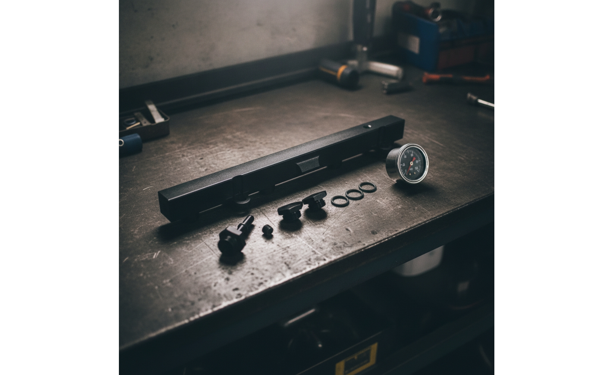 Fuel Rail with Gauge and Fittings Black Fuel Rail with Fittings Aluminum