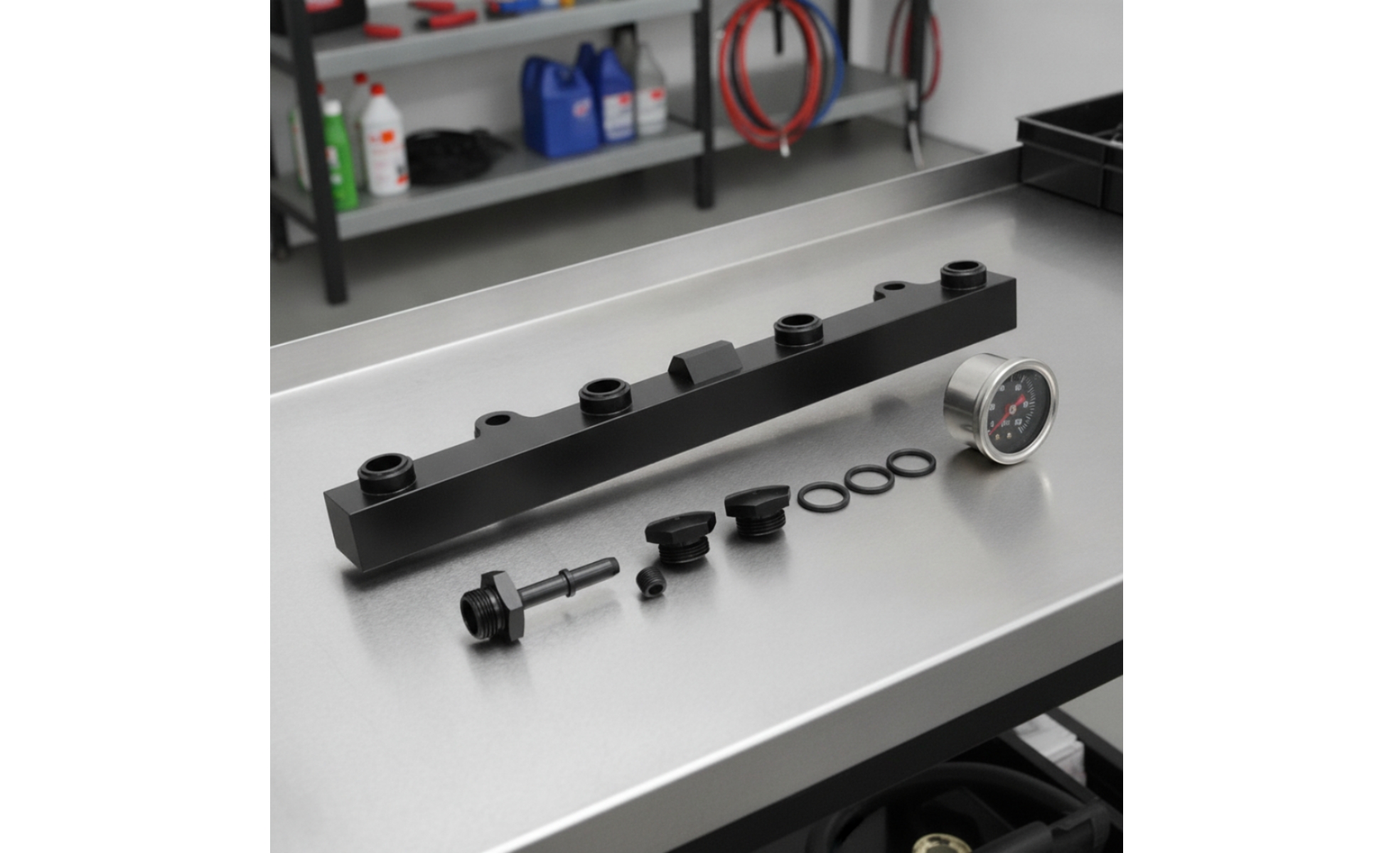 Fuel Rail with Gauge and Fittings Black Fuel Rail with Fittings Aluminum