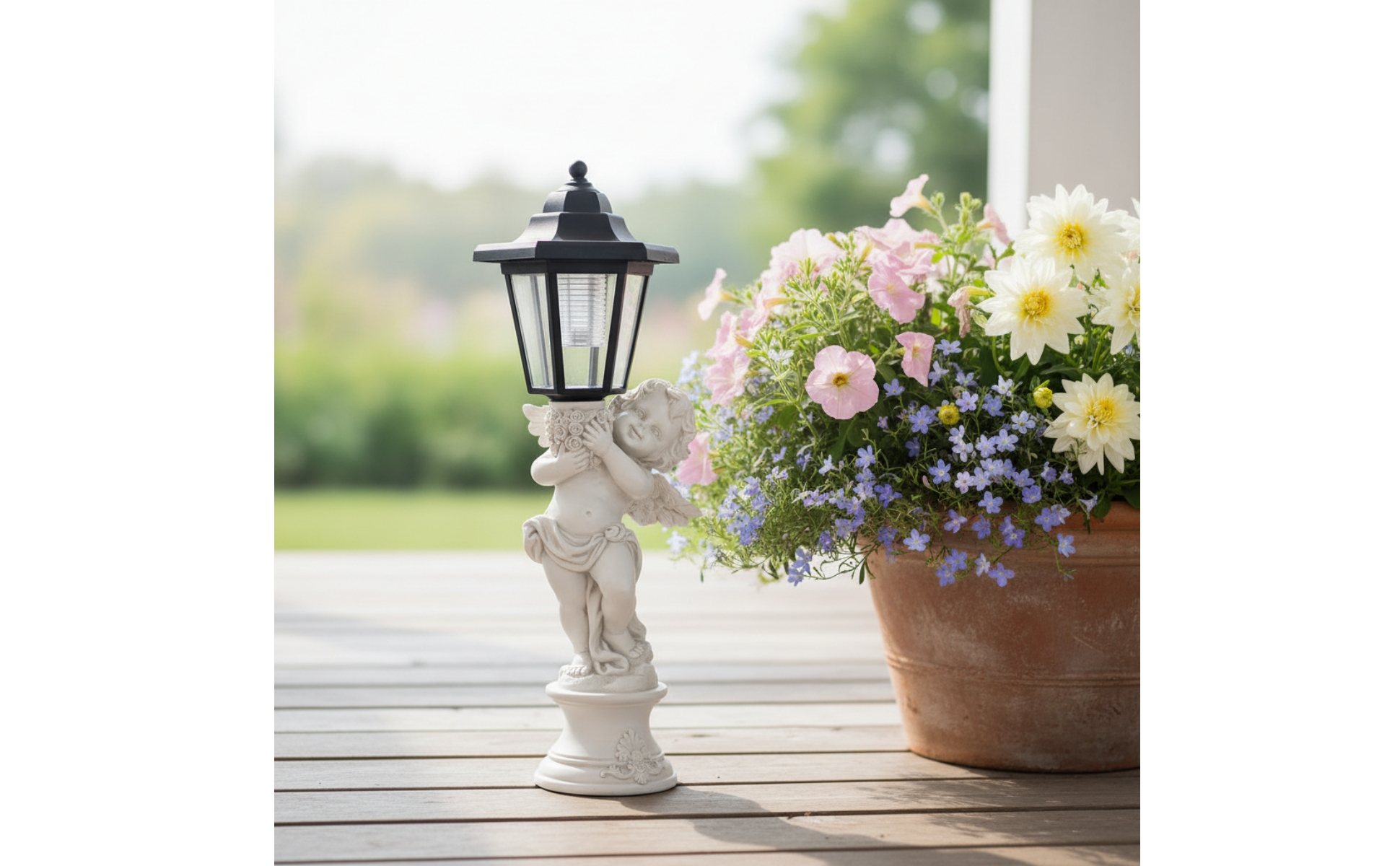 Cherub Statue with Lantern Resin Angel Statue with Lantern Weather-Resistant