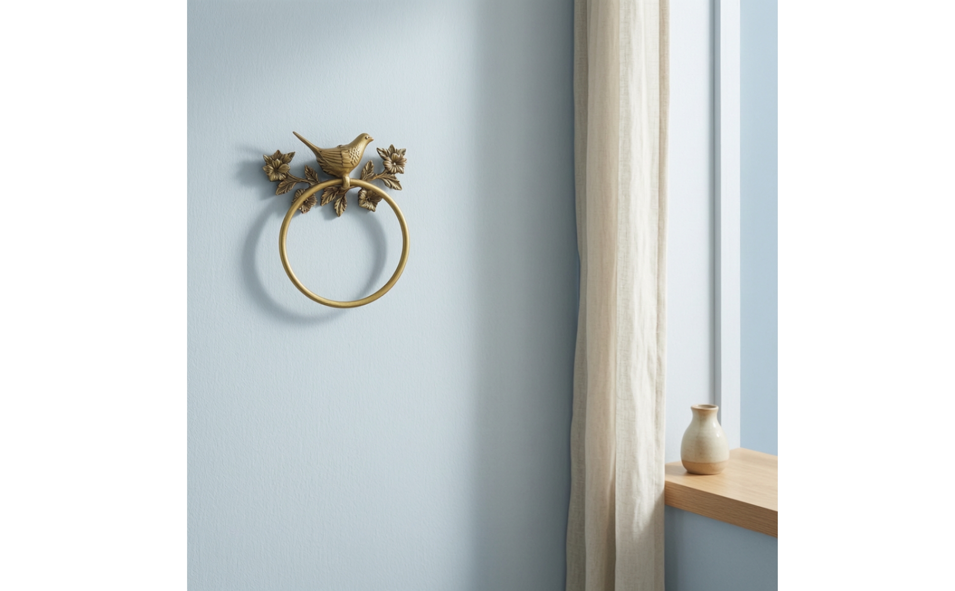Towel Holder with Bird and Floral Motif Brass-Toned for Bathroom, Guest Washroom