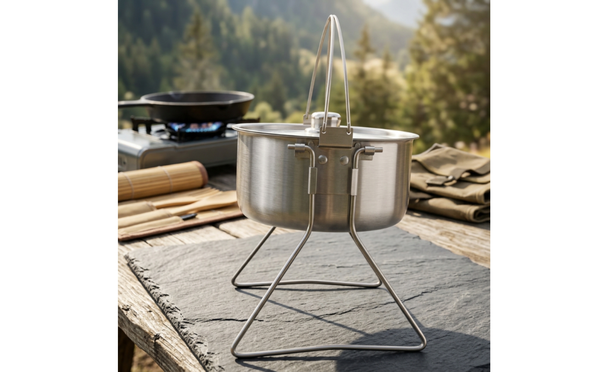 Pot with Tripod Frame Stainless Steel Camping Pot with Lid Brushed for Bushcraft