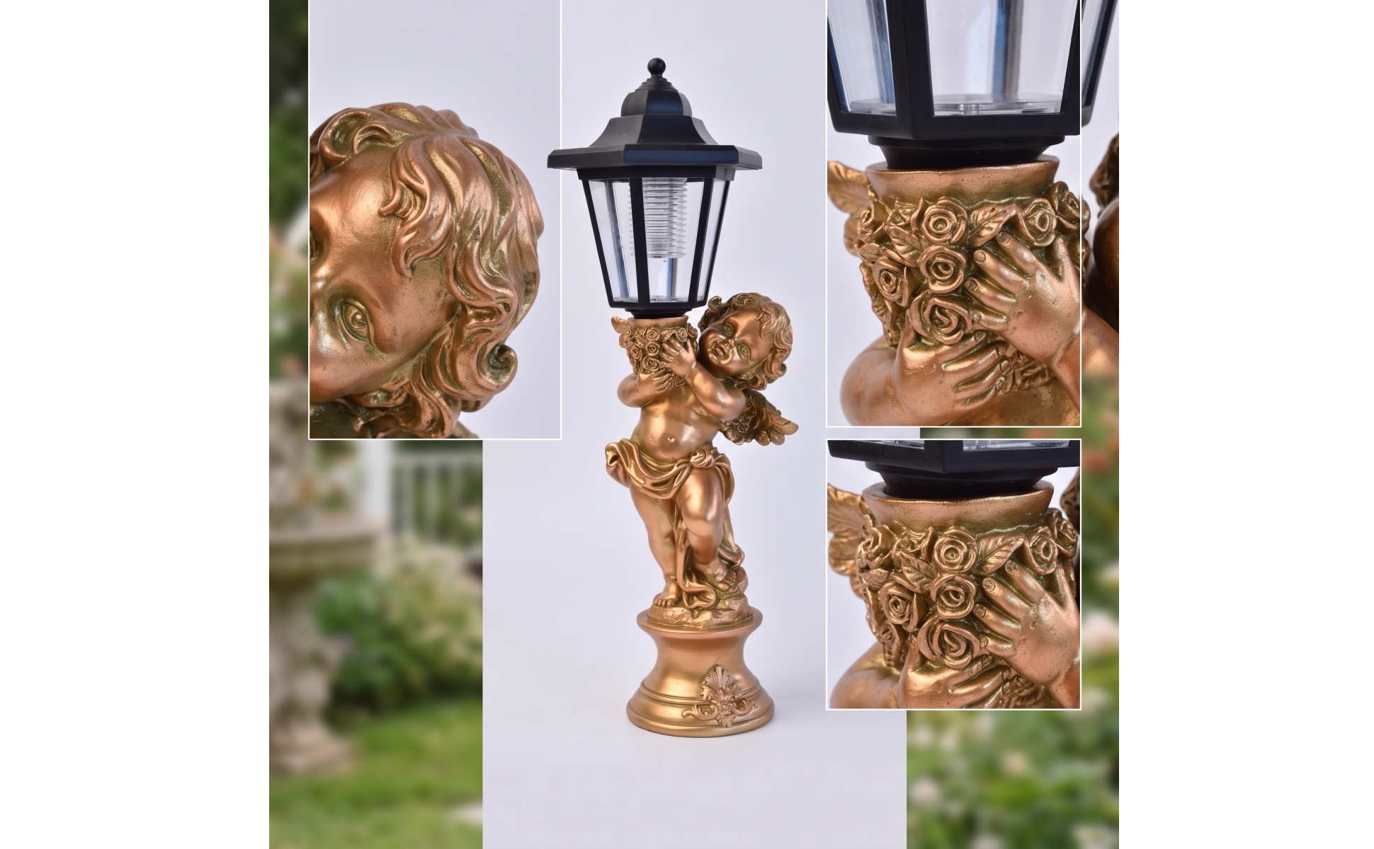 Cherub Statue with Lantern Resin Angel Statue with Lantern Weather-Resistant
