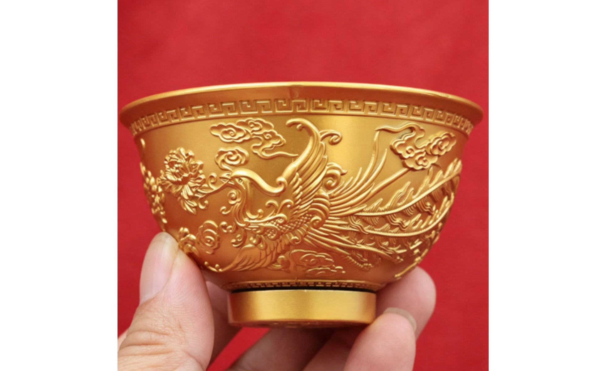Dragon and Phoenix Bowl Gold-Toned Bowl with Rotating Base Embossed