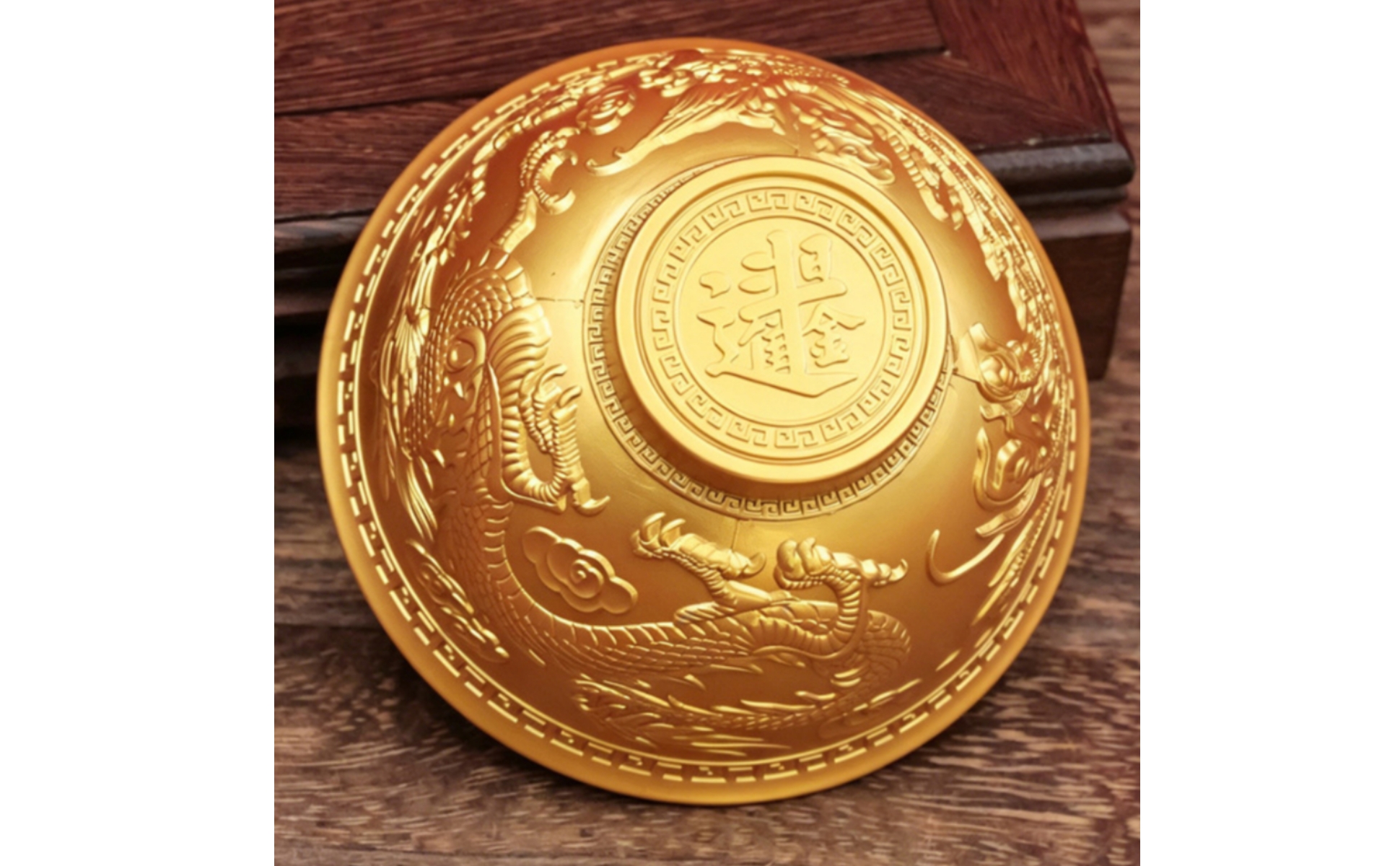 Dragon and Phoenix Bowl Gold-Toned Bowl with Rotating Base Embossed