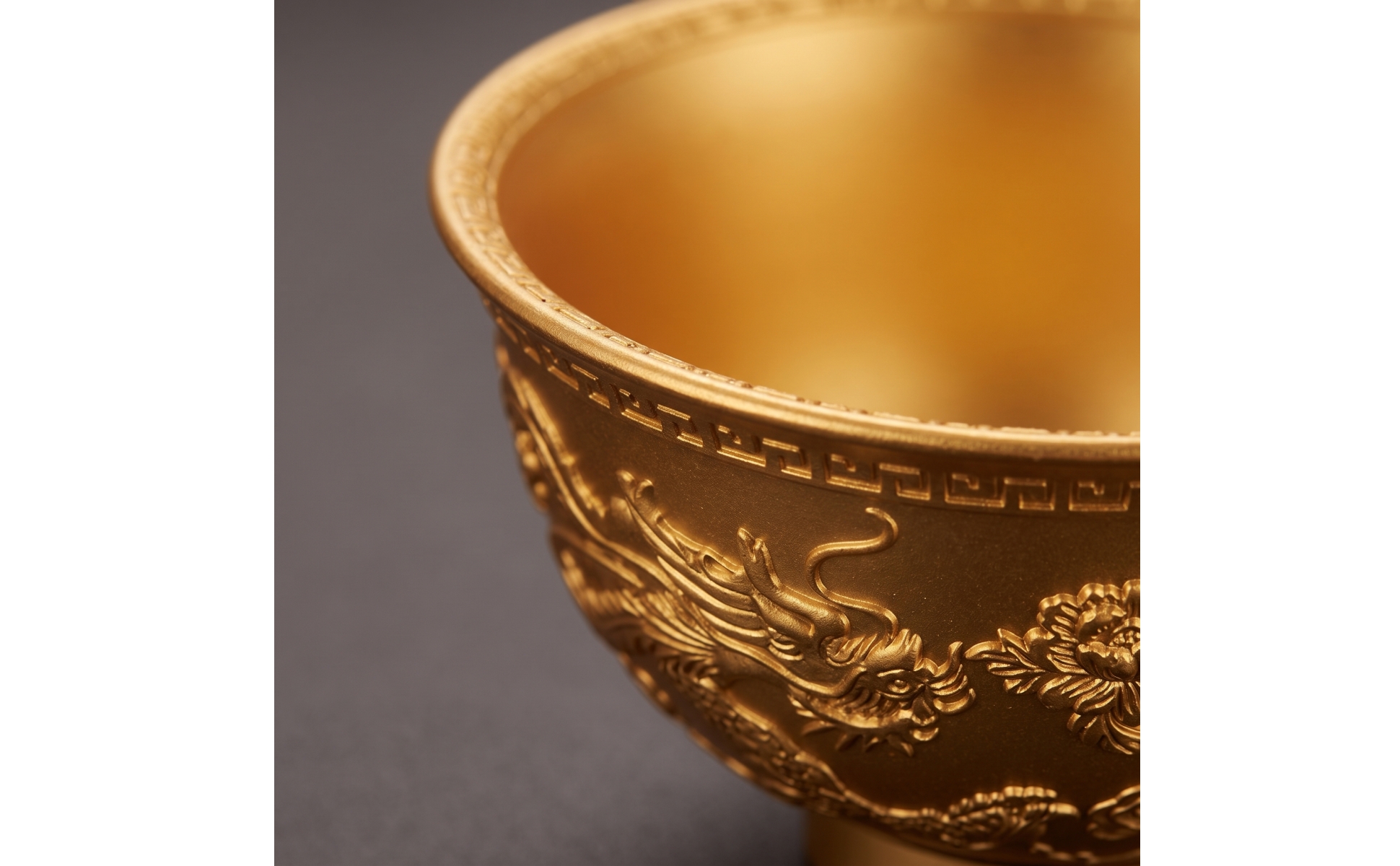 Dragon and Phoenix Bowl Gold-Toned Bowl with Rotating Base Embossed