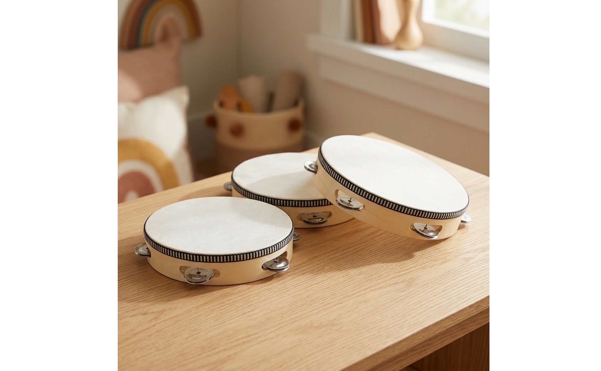 4 Pieces Tambourine 8-Inch Tambourine Drum Wooden for Classroom, Kids, Beginners