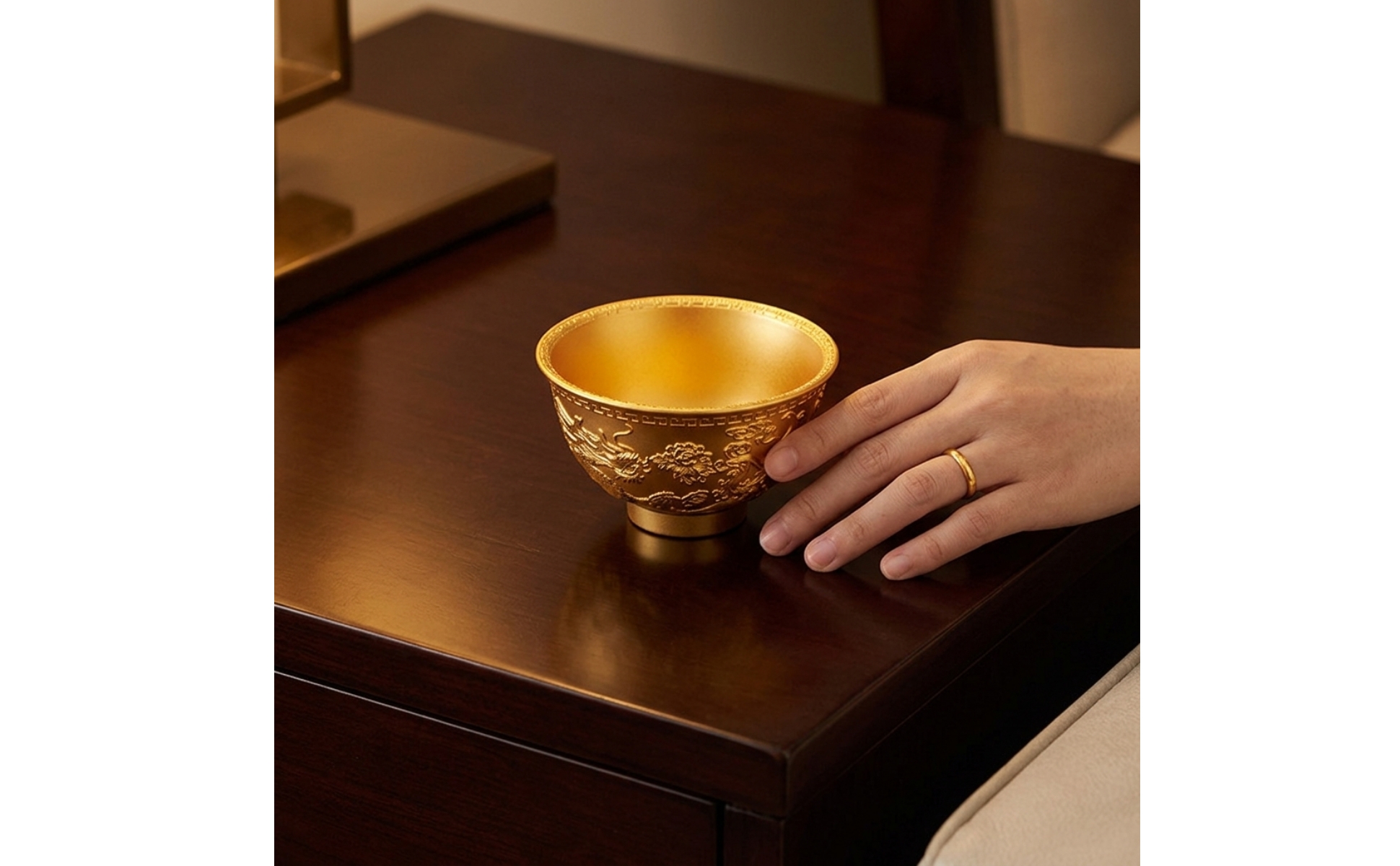 Dragon and Phoenix Bowl Gold-Toned Bowl with Rotating Base Embossed