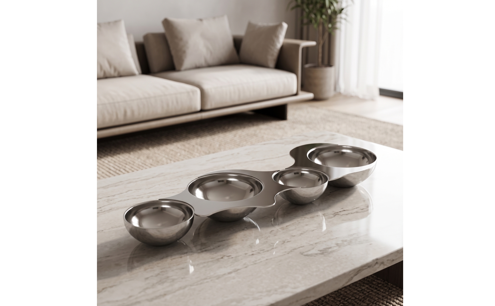 Four-Bowl Snack Platter Stainless Steel Multi-Bowl Serving Tray Mirrored Finish