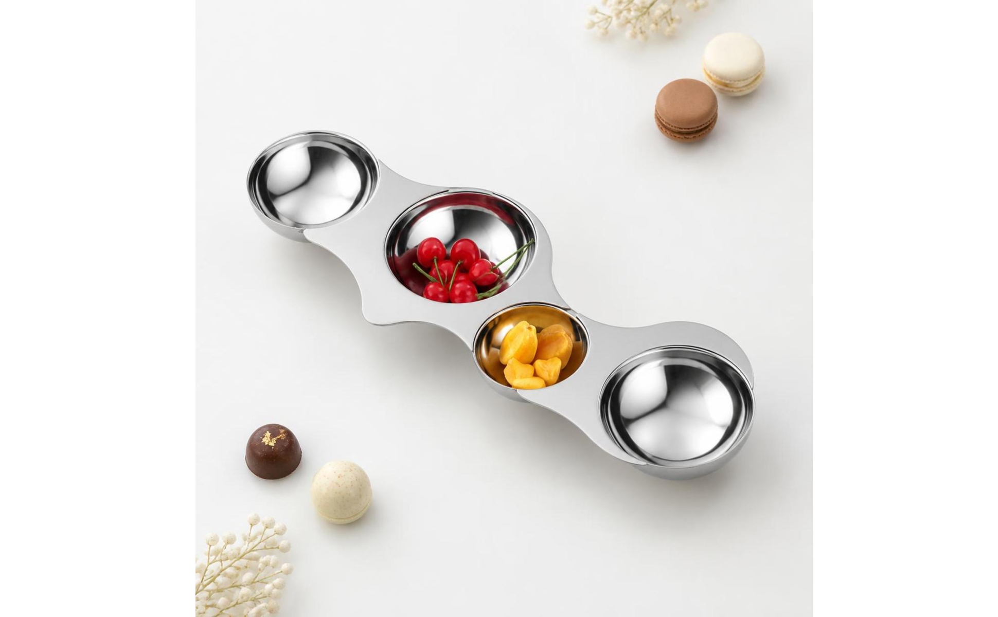 Four-Bowl Snack Platter Stainless Steel Multi-Bowl Serving Tray Mirrored Finish