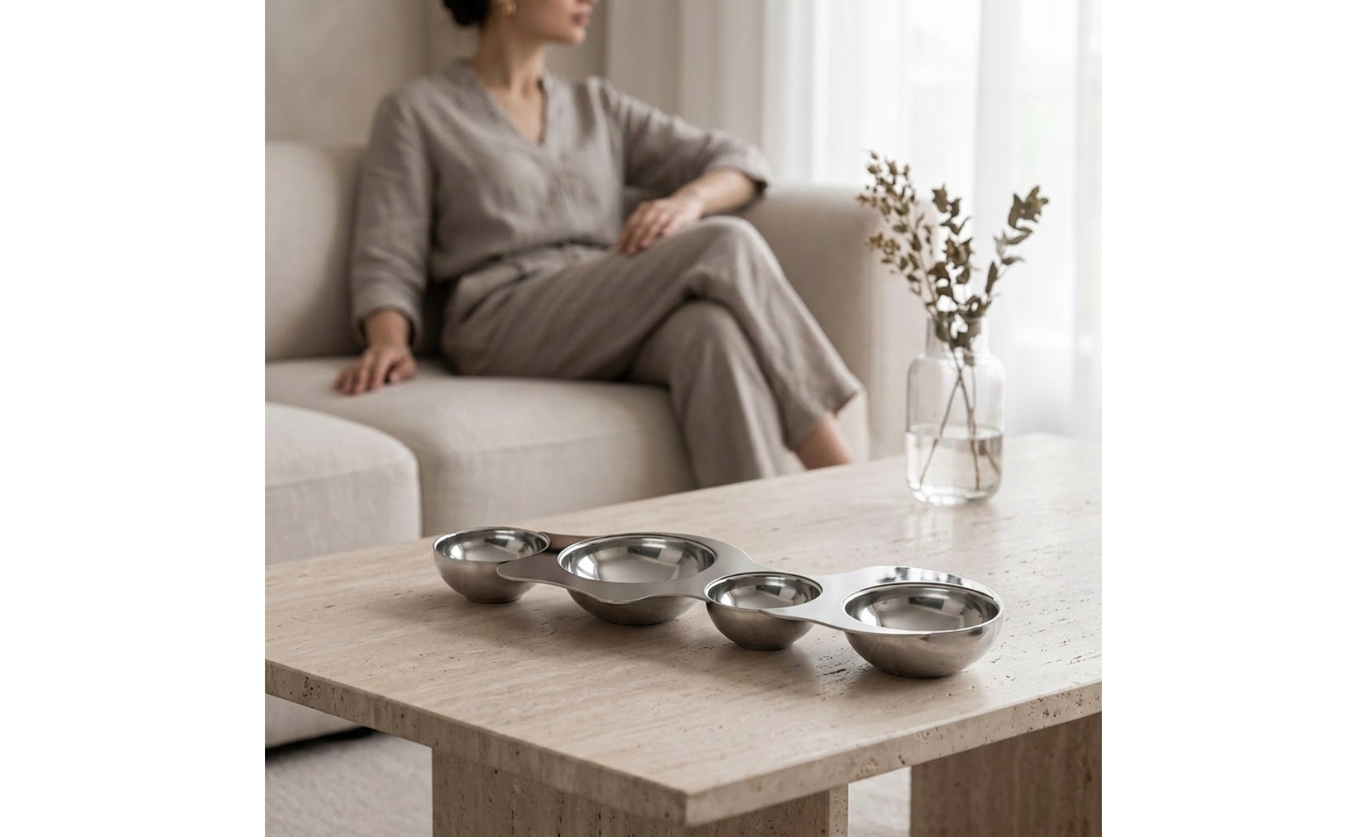 Four-Bowl Snack Platter Stainless Steel Multi-Bowl Serving Tray Mirrored Finish