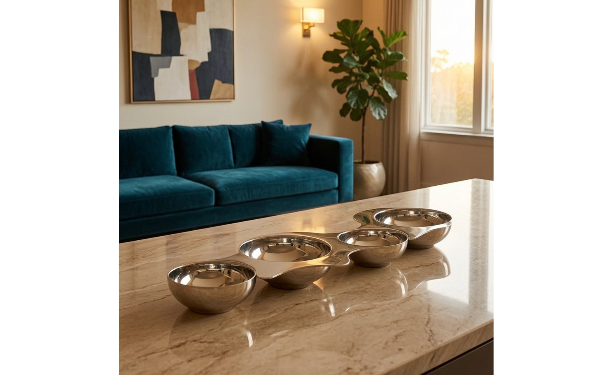Four-Bowl Snack Platter Stainless Steel Multi-Bowl Serving Tray Mirrored Finish