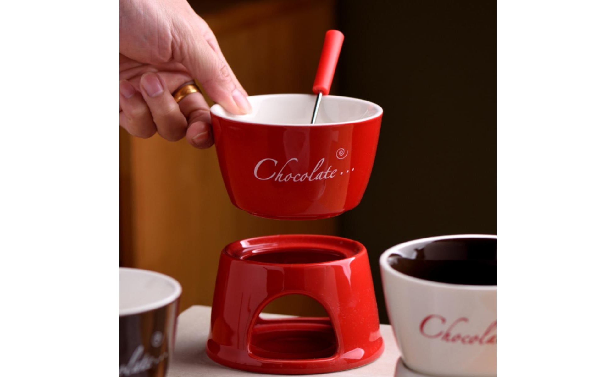 Fondue Cup with Stand Personal Ceramic Fondue Mug Mini for Home Cafe, Hostesses
