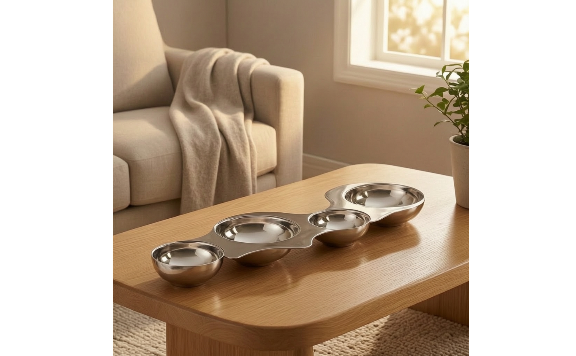 Four-Bowl Snack Platter Stainless Steel Multi-Bowl Serving Tray Mirrored Finish