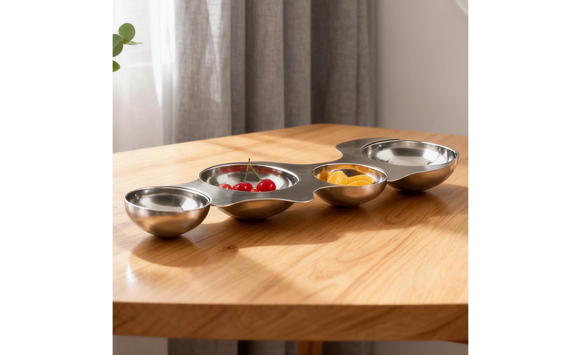 Four-Bowl Snack Platter Stainless Steel Multi-Bowl Serving Tray Mirrored Finish