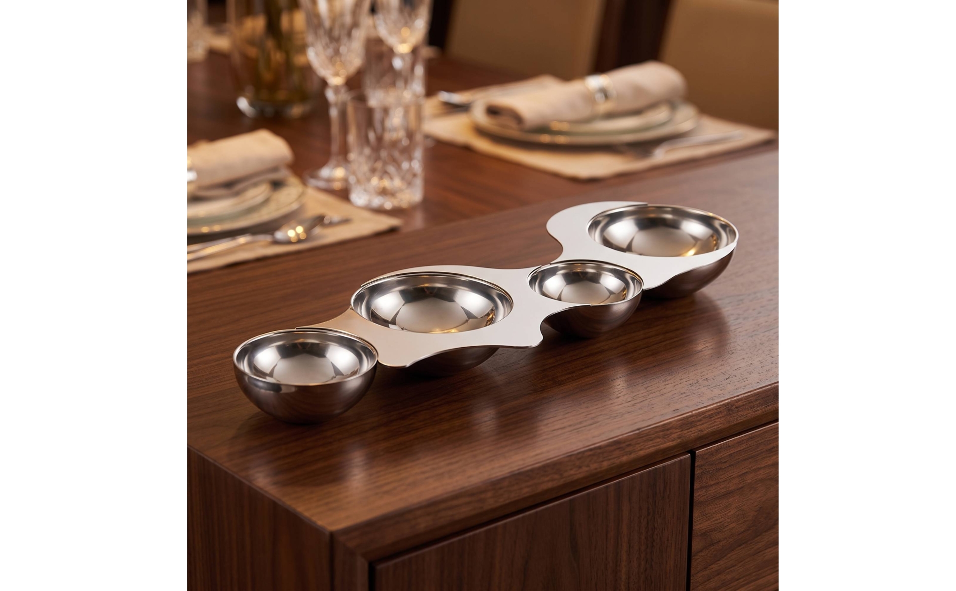 Four-Bowl Snack Platter Stainless Steel Multi-Bowl Serving Tray Mirrored Finish
