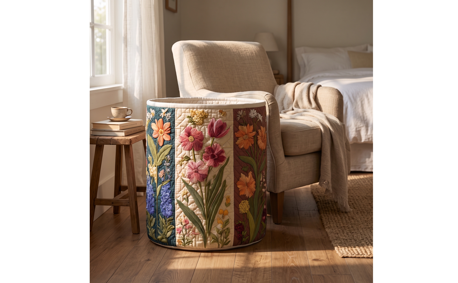 Storage Basket Quilted Laundry Basket Floral for Nursery, Playroom, Kids