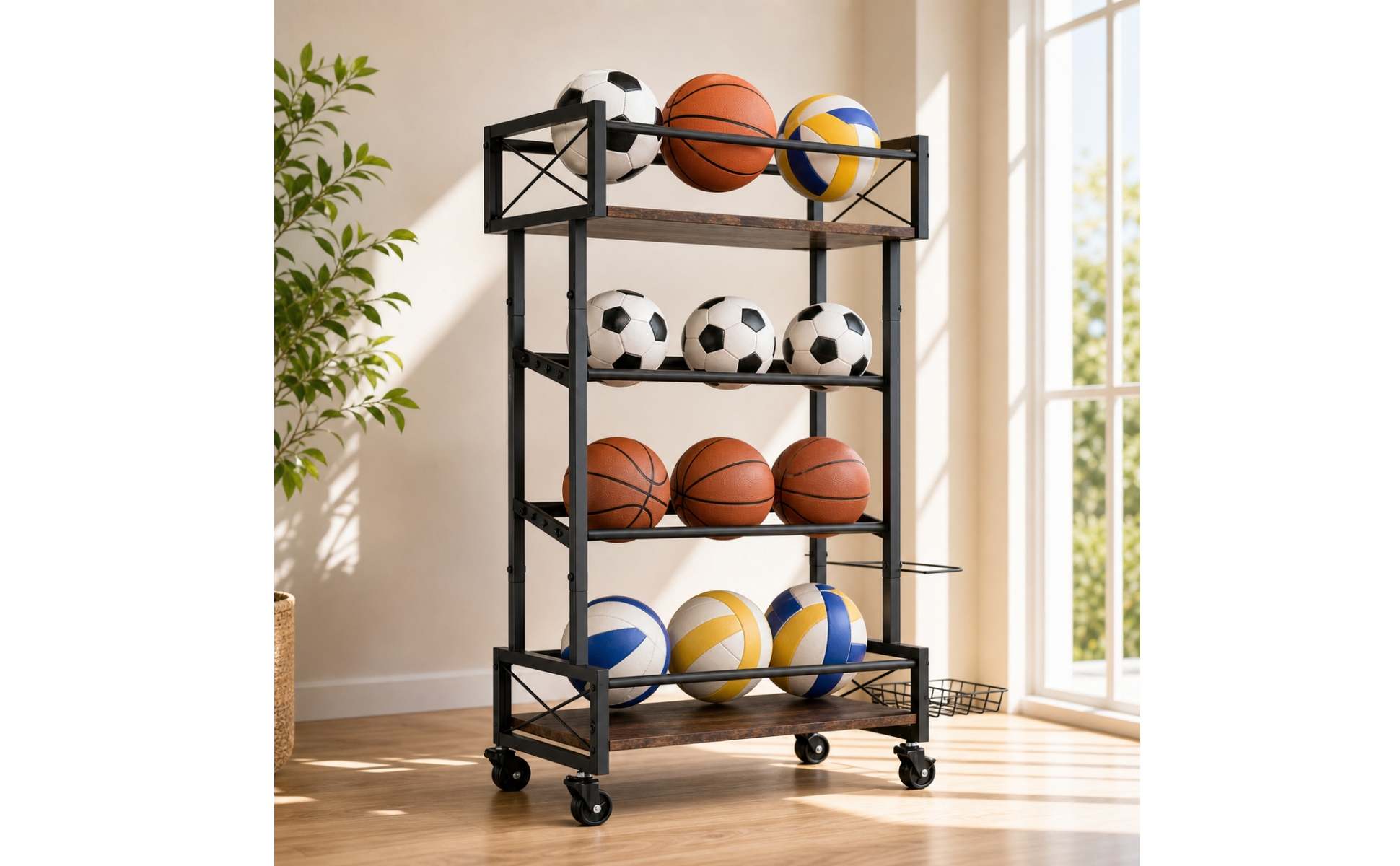 Sports Ball Storage Rack Wheeled Ball Rack with Wheels Rolling for Athletes