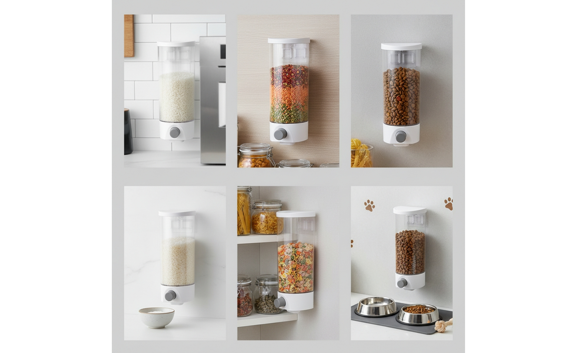 Grain Dispenser Wall-Mounted Dry Food Dispenser Press-to-Dispense for Kitchen
