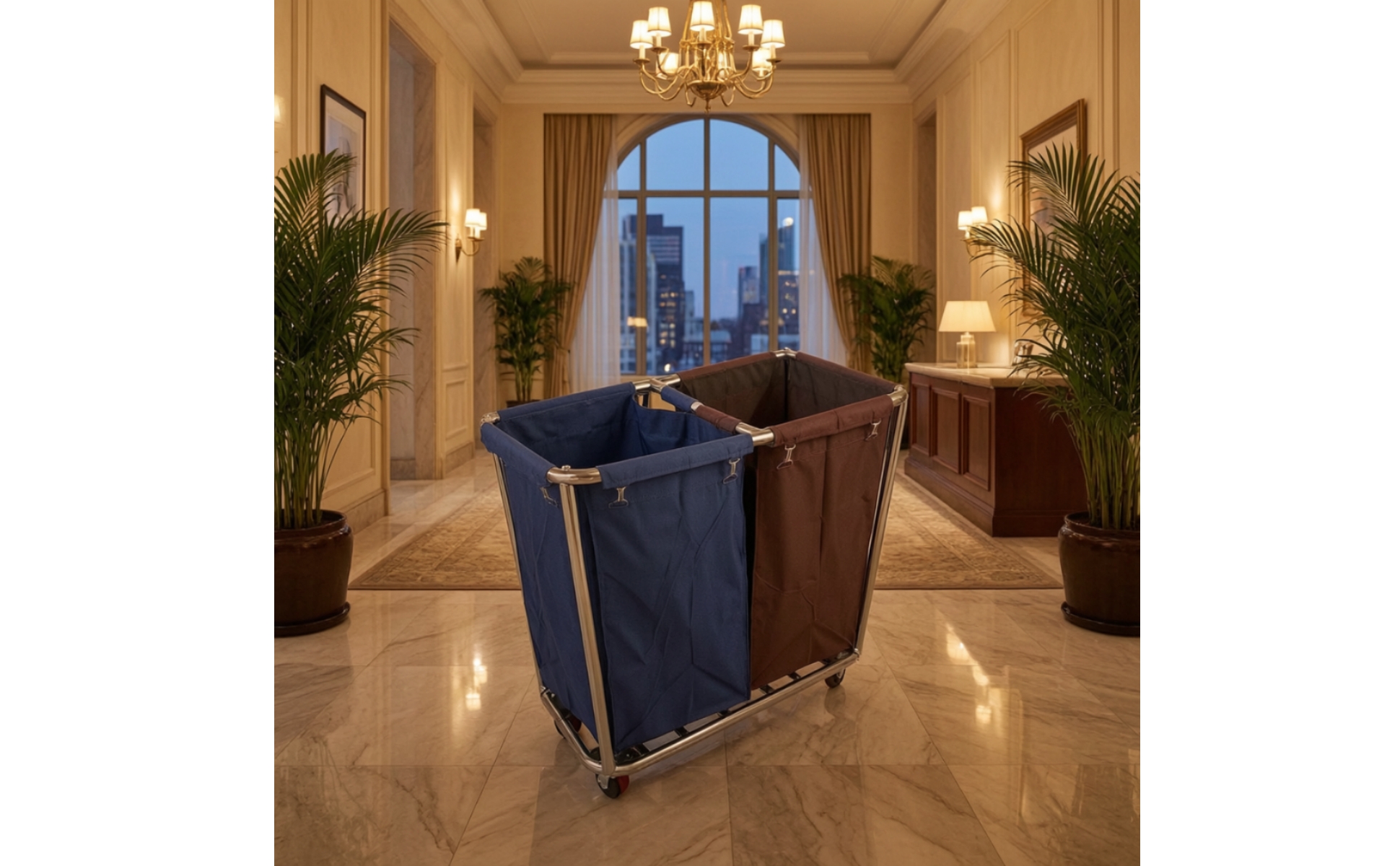 Hotel Laundry Cart Stainless Steel Laundry Cart with Wheels 2-Compartment