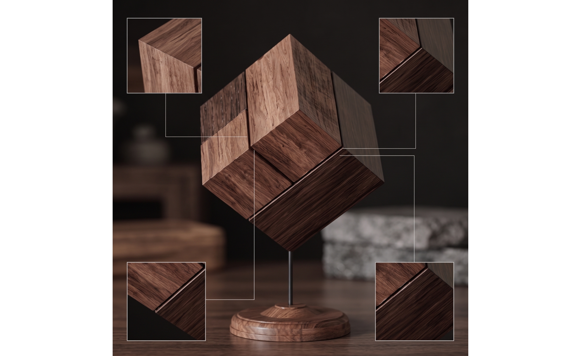 Wooden Cube Sculpture Minimalist Decorative Geometric Sculpture Architectural