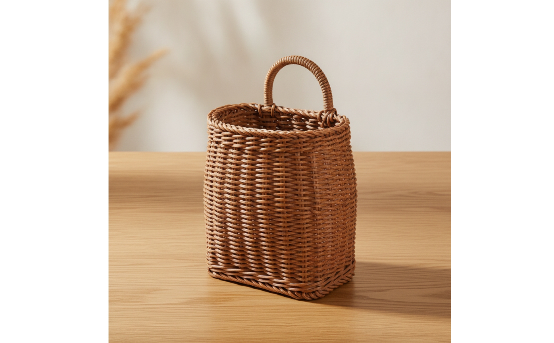 Woven Wall Basket Rattan-Style Hanging Basket with Handle Handwoven for Kitchen
