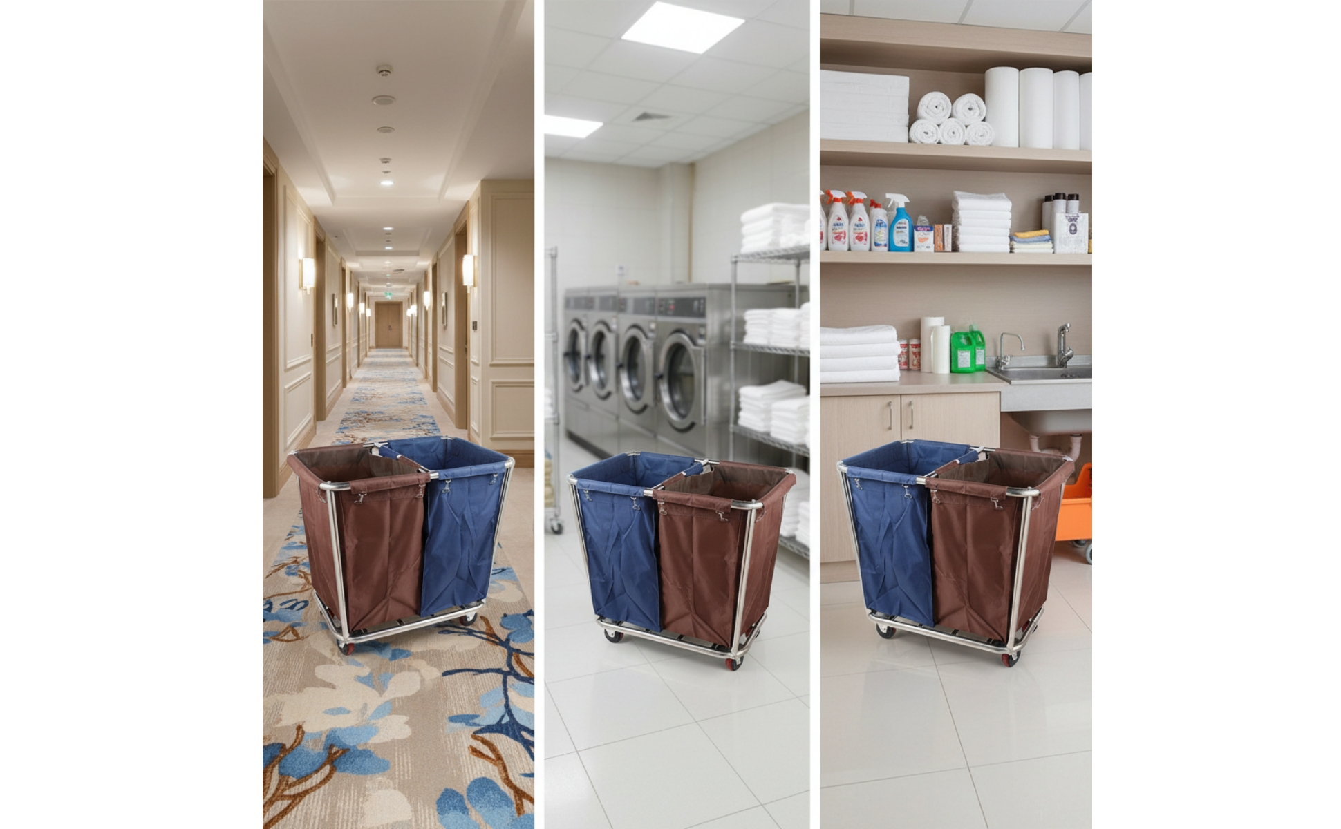 Hotel Laundry Cart Stainless Steel Laundry Cart with Wheels 2-Compartment