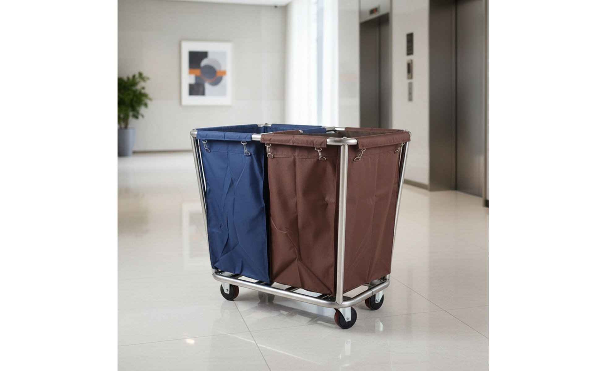 Hotel Laundry Cart Stainless Steel Laundry Cart with Wheels 2-Compartment