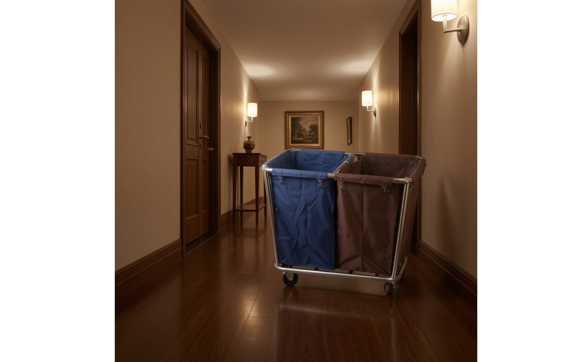 Hotel Laundry Cart Stainless Steel Laundry Cart with Wheels 2-Compartment