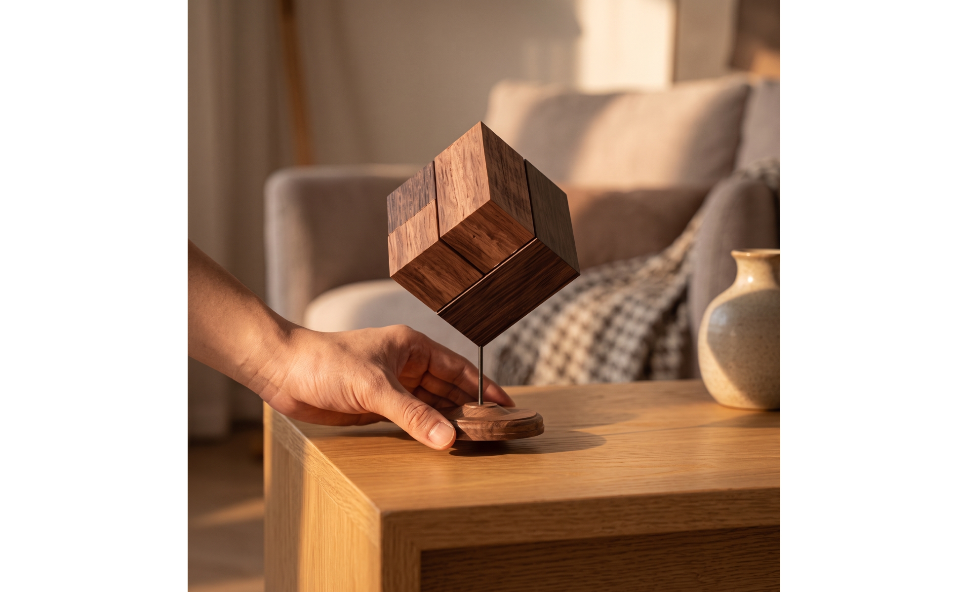 Wooden Cube Sculpture Minimalist Decorative Geometric Sculpture Architectural