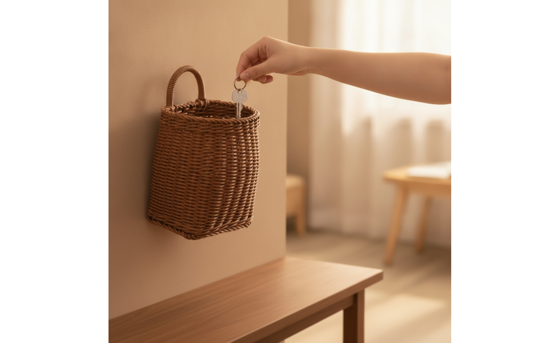Woven Wall Basket Rattan-Style Hanging Basket with Handle Handwoven for Kitchen