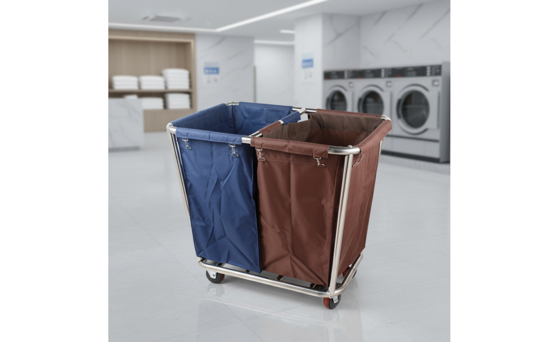 Hotel Laundry Cart Stainless Steel Laundry Cart with Wheels 2-Compartment