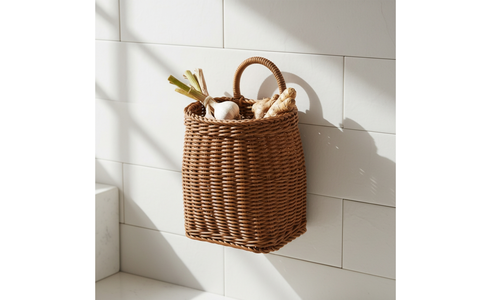 Woven Wall Basket Rattan-Style Hanging Basket with Handle Handwoven for Kitchen