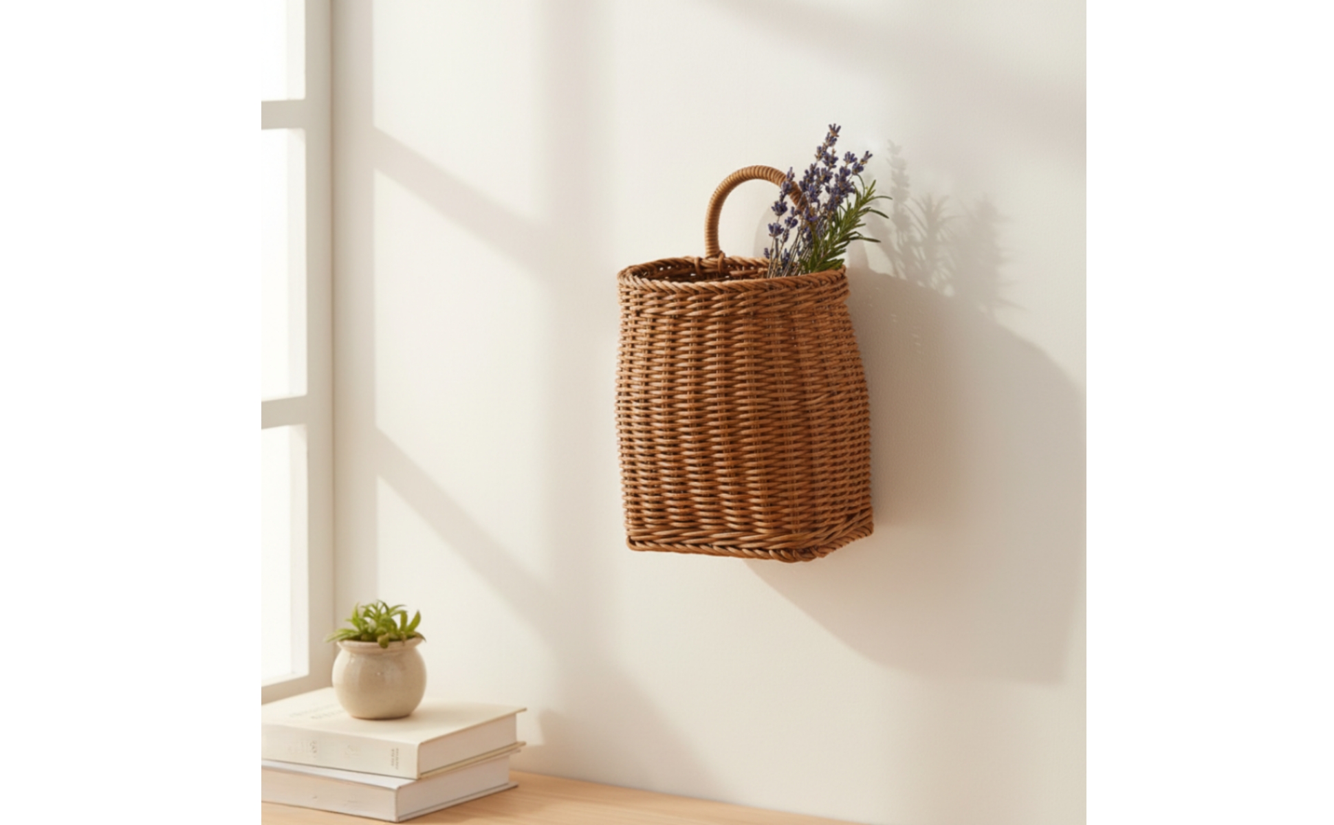 Woven Wall Basket Rattan-Style Hanging Basket with Handle Handwoven for Kitchen