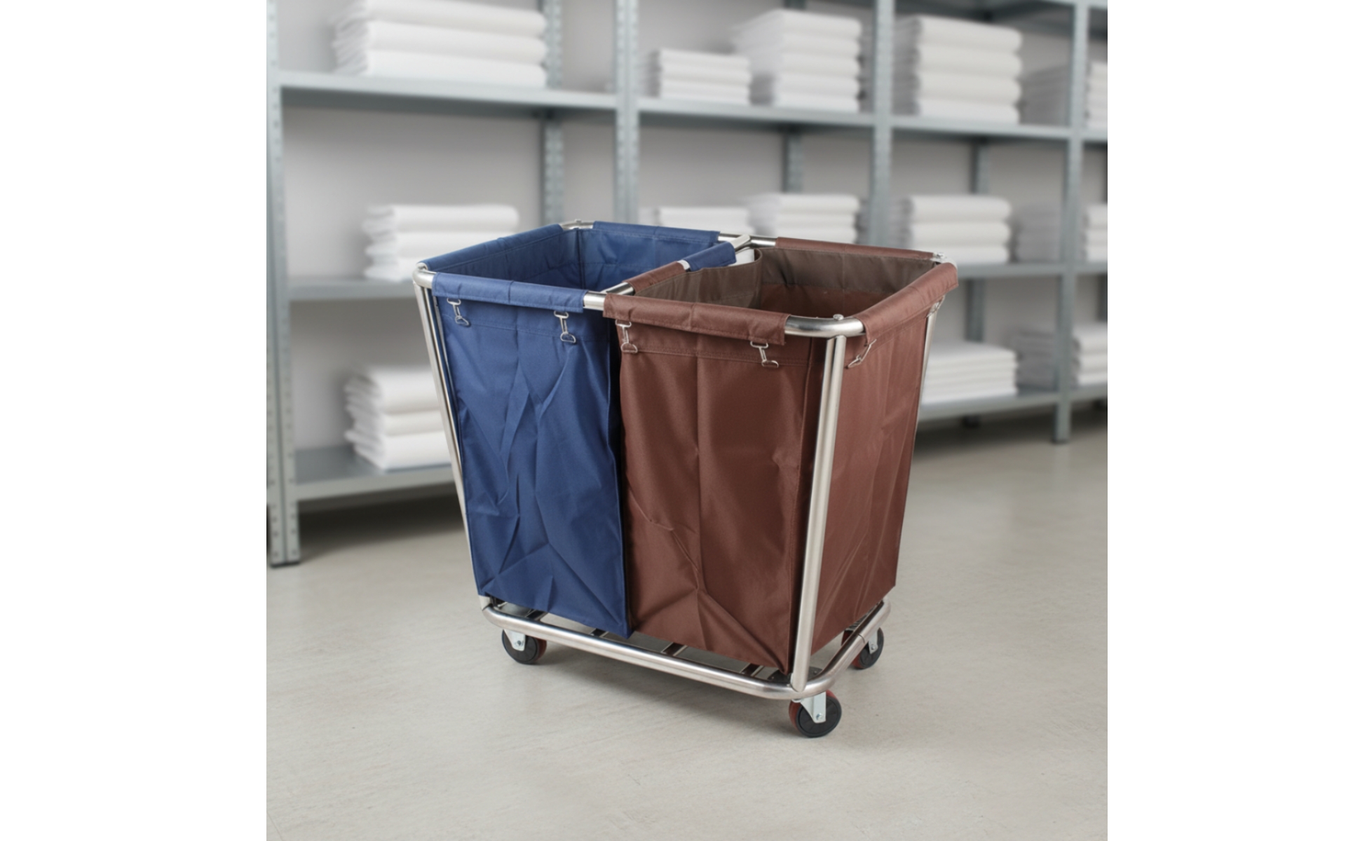 Hotel Laundry Cart Stainless Steel Laundry Cart with Wheels 2-Compartment